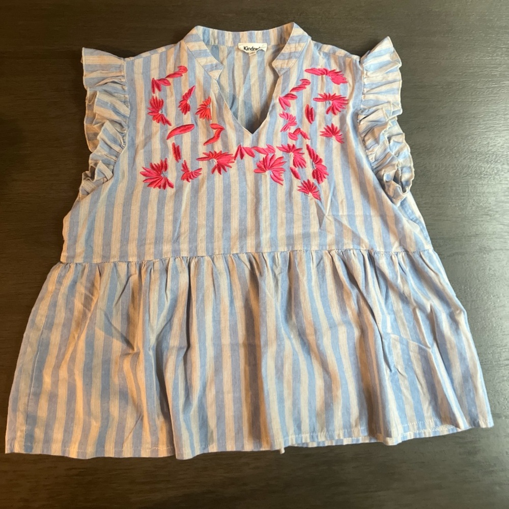 Anthropologie Kindred Blue White Striped Embroidered V Neck Ruffle Sleeveless M